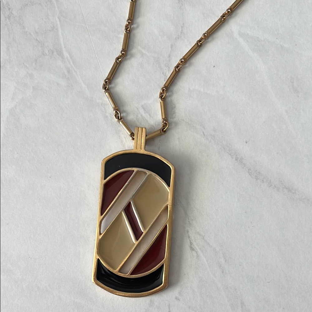 Vintage Sarah Coventry 
Geometric Gold Burgundy and Black Pendant Necklace